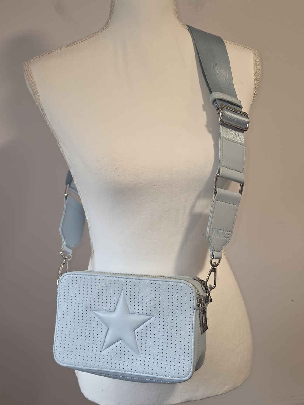 Vintage Havana Light Blue Star Perforated Crossbody Camera Bag Silver Accents